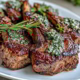 Aromatic lamb chops seasoned with garlic and rosemary, served with a zesty mint gremolata topping.
