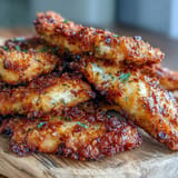 Golden fried pickle brine chicken tenders glistening, ready for dipping sauce.