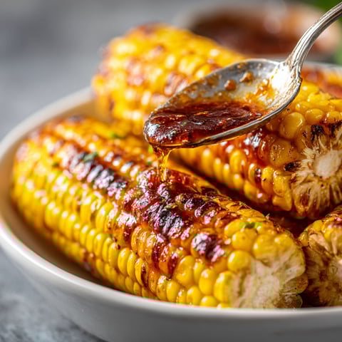A spoon is being used to pour sauce on corn.