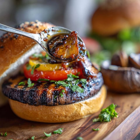 A grilled portobello mushroom burger with a spoonful of sauce.
