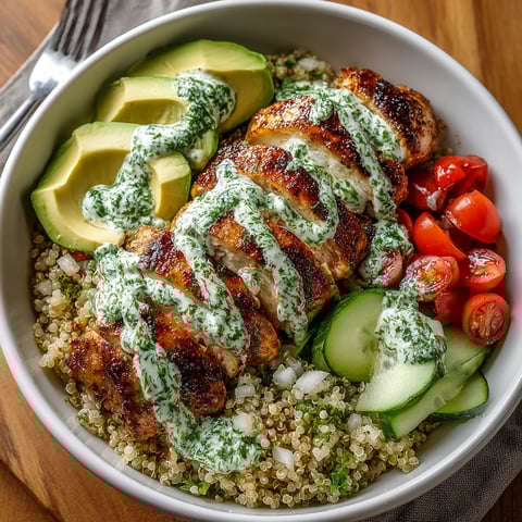 A bowl of food with chicken, avocado, tomatoes, and cucumbers.