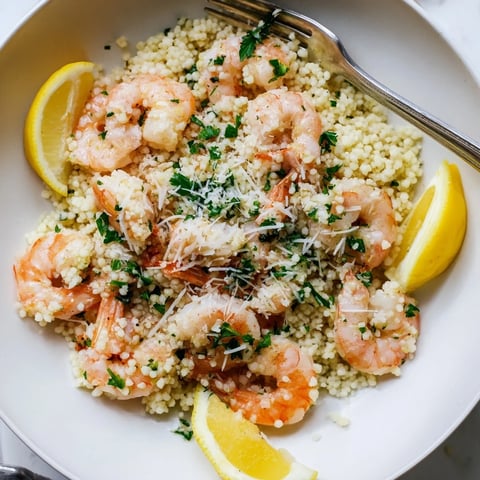 Succulent shrimp Parmesan couscous topped with fresh parsley and zesty lemon wedges.  