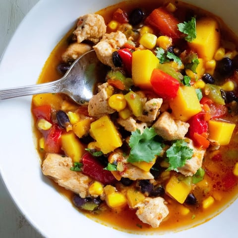 Vibrant Mango Southwest Chicken Chili simmering with spices and garnished with cilantro.  