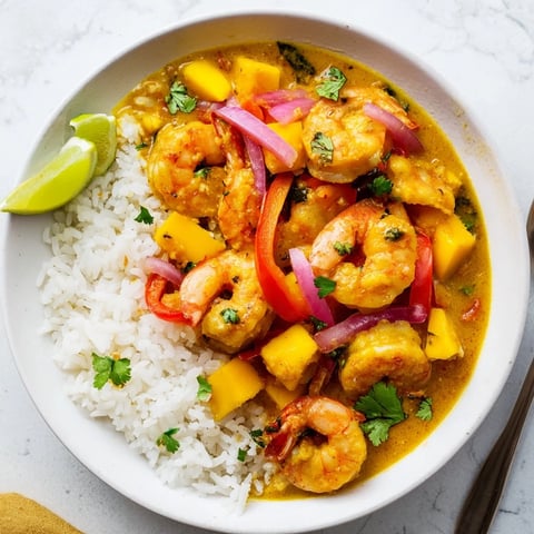 Vibrant shrimp and mango curry skillet garnished with cilantro and lime wedges.  
