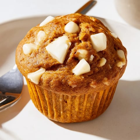 Moist pumpkin muffins with creamy white chocolate chunks, perfect for autumn snacking.  