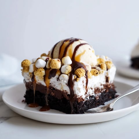 Decadent S’mores Soda Float Brownies topped with melting marshmallows and a chocolate drizzle.