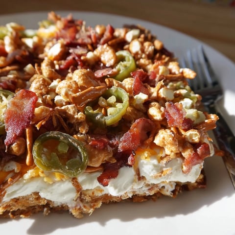 Savory Loaded Jalapeño Pretzel Sheet Cake topped with cream cheese and crispy bacon.  