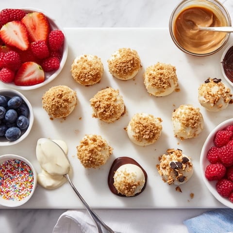 Decadent deconstructed dessert board showcasing creamy cheesecake bites and vibrant toppings.