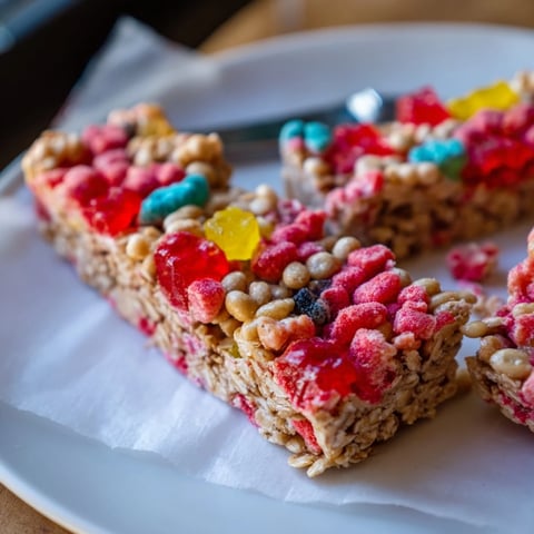 Chewy DIY snack bars topped with fruity gummies and colorful freeze-dried candies.  