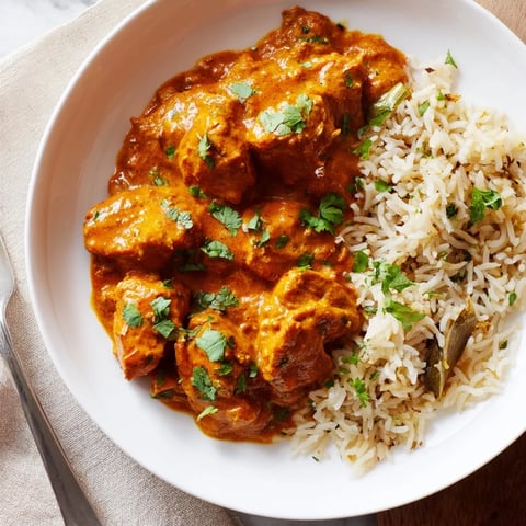 Tender butter chicken in creamy tomato sauce served with fragrant rice pilaf.  