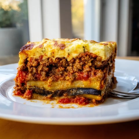 Classic Moussaka with Beef and Eggplant, topped with rich béchamel and savory spices.  