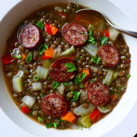 Hearty Cajun spiced lentil and sausage soup garnished with fresh parsley.  