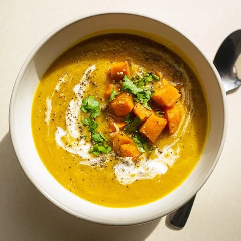 Creamy turmeric and honey roasted carrot soup garnished with fresh herbs and yogurt.  