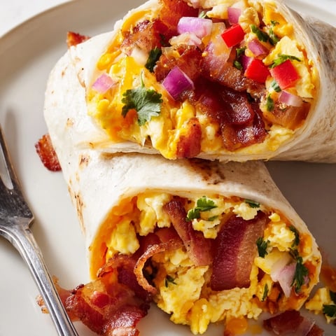 Hearty smoked bacon & cheddar breakfast burrito with fluffy eggs and fresh veggies.  