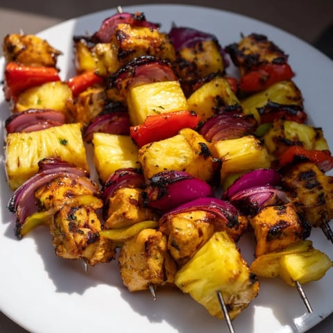 Juicy Grilled Pineapple & Jerk Chicken Skewers with vibrant bell peppers and sweet marinade.  