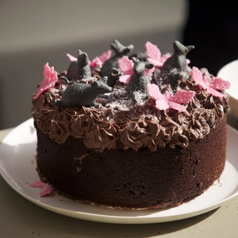 A slice of Rat Cake topped with fluffy ganache and playful marzipan rat decorations.