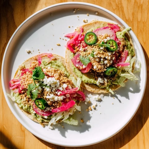 A close-up of 5-Minute Pickled Red Onion Tacos overflowing with creamy avocado crema and fresh toppings.