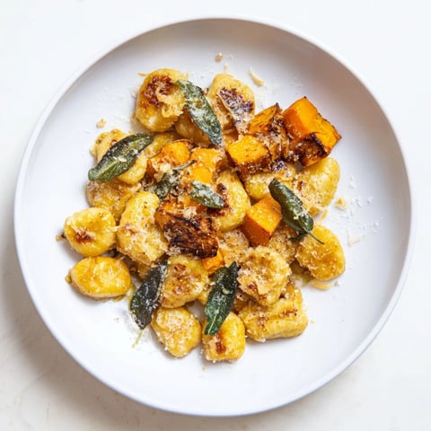 Golden-brown Rustic Butternut Squash & Sage Brown Butter Gnocchi with vibrant, roasted squash pieces.