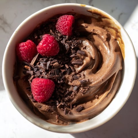 Smooth, creamy No-Bake Cottage Cheese Chocolate Mousse topped with fresh berries, ready to serve.