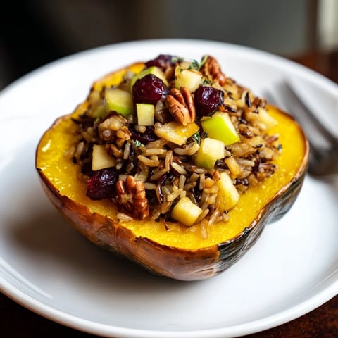 Golden brown stuffed acorn squash with maple sriracha drizzle, a delicious vegetarian main course.