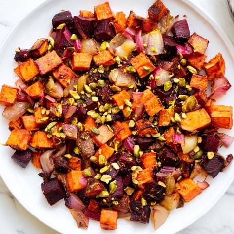Golden, glistening balsamic glazed root vegetables with pistachio crunch, ready to enjoy as a flavorful side.