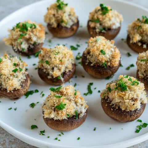 Golden-brown Air Fryer Holiday Stuffed Mushrooms are a savory appetizer, perfect for a festive occasion.