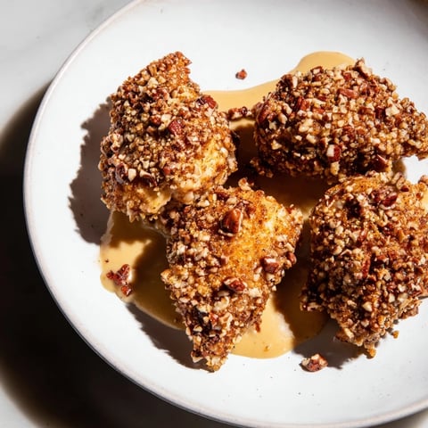 Golden-brown Pecan-Crusted Maple Dijon Chicken Bites, a satisfying appetizer ready to serve warm.