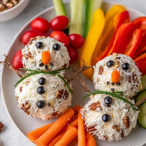 Creamy savory herb cheeseball snowmen, festive and fun, surrounded by colorful, crunchy veggie dippers.