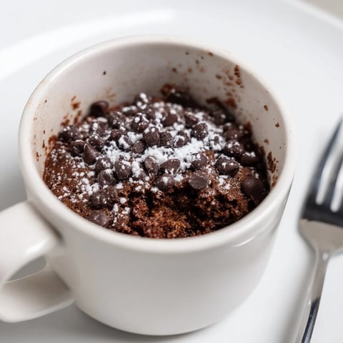 Steaming hot microwave mug cake, a quick chocolate dessert, ready to enjoy from the mug.