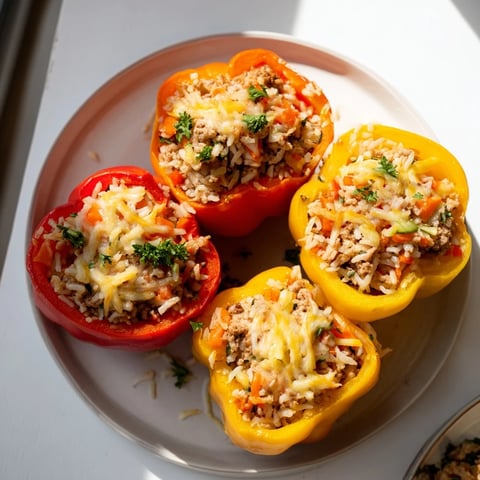 Savory stuffed peppers with ground turkey and rice, a colorful homemade dinner, ready to eat.