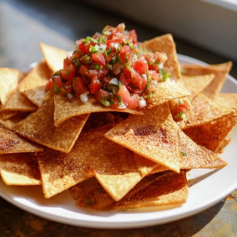 Golden air-fryer tortilla chips ready to be dipped, alongside a vibrant homemade salsa.