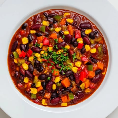 Steaming bowl of veggie chili, filled with colorful vegetables, perfect for a cozy dinner.