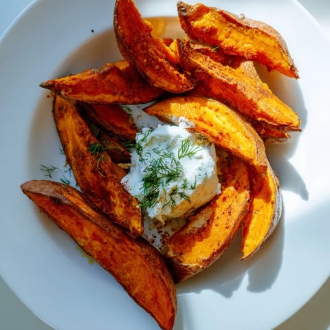 Crispy roasted sweet potato wedges glistening, served alongside creamy dill yogurt dip.