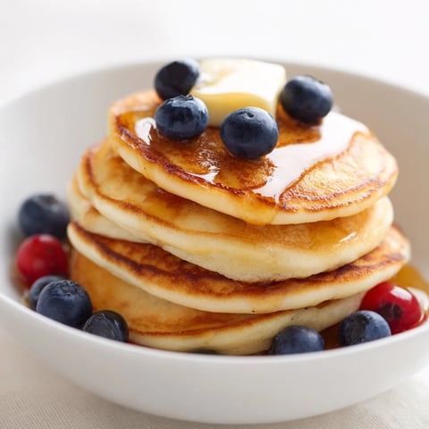 Golden, bite-sized pancake cereal in a bowl, drizzled with maple syrup for a delightful breakfast.