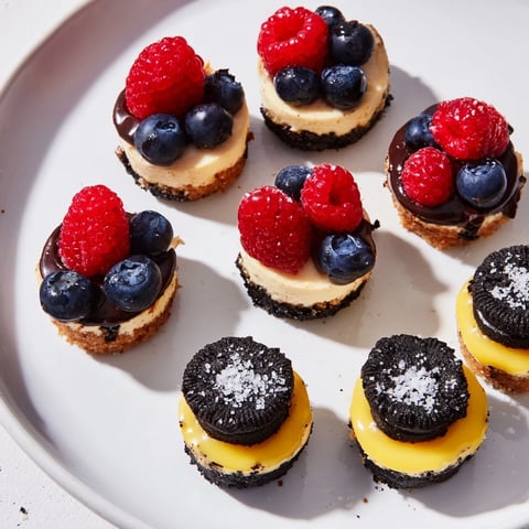 A trio of Mini Dessert Bites: cream cheese cheesecakes, chocolate tarts, and lemon curd tarts ready to serve.