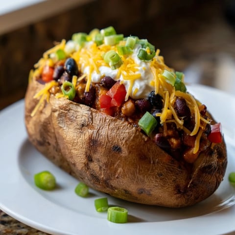 Golden, fluffy loaded baked potato overflowing with chili, cheese, and fresh toppings, ready to enjoy.