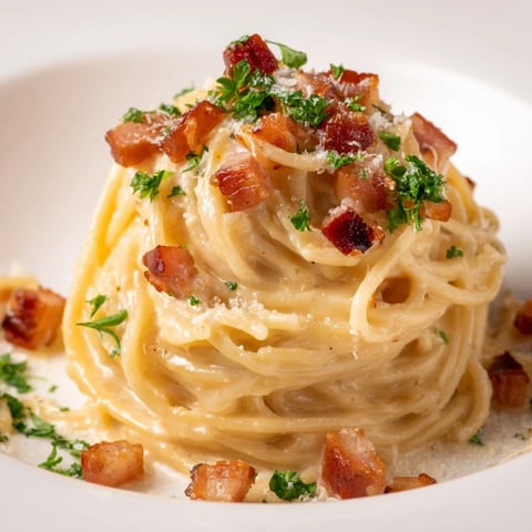 Creamy Carbonara Ramen, featuring perfectly coated noodles with visible parmesan and bacon bits.