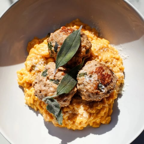 Savory Sage Turkey Meatballs with Pumpkin Orzo, a comforting autumn dish ready to enjoy.