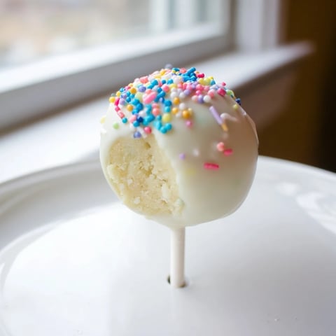 Frosted lightened-up sugar cookie cake pops, bite-sized and coated in creamy white chocolate.