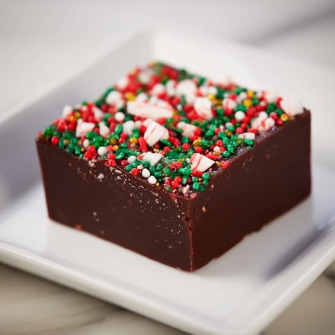 Creamy 3-Ingredient Christmas Fudge Squares dusted with red and green sprinkles, a holiday dessert.