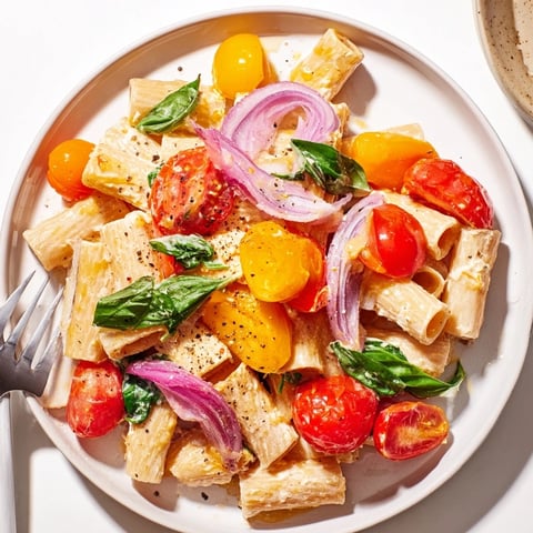 Creamy baked feta melts over the vibrant cherry tomatoes in this One-Pan Baked Feta Christmas Pasta.