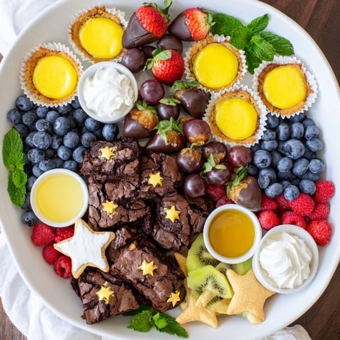 A colorful Star-Studded Dessert Board overflowing with mini treats, fruits, and creamy dips, ready to serve.