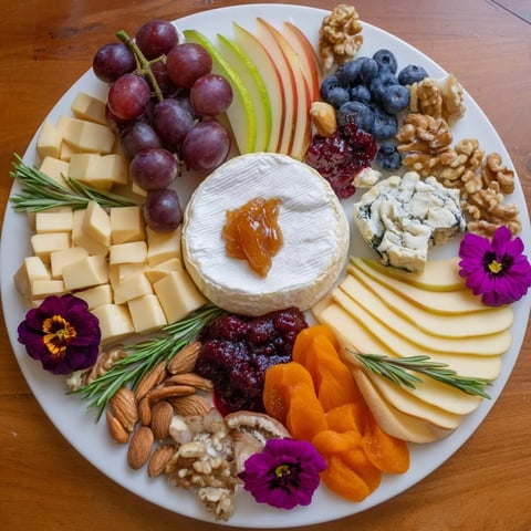 A vibrant Woodland Creature Cheese Platter with brie, fruit, and rosemary sprigs, perfect for any gathering.