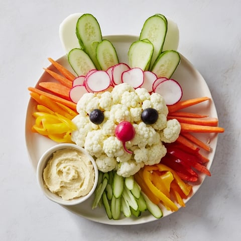 Bunny Meadow Veggie Board: Colorful vegetables artfully arranged on a platter, a whimsical spring appetizer for your guests.