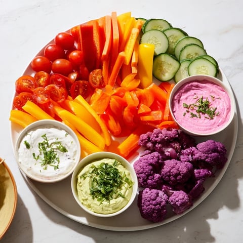 A colorful rainbow vegetable dips platter, with fresh veggies and creamy homemade dips.