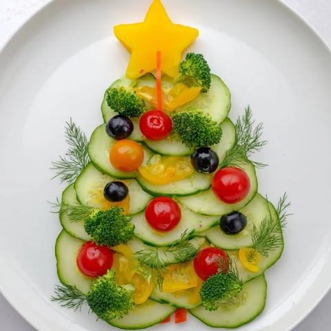 Festive Tree Cucumber Tomato Platter with vibrant tomatoes and cucumbers, ready to be enjoyed as a refreshing appetizer.
