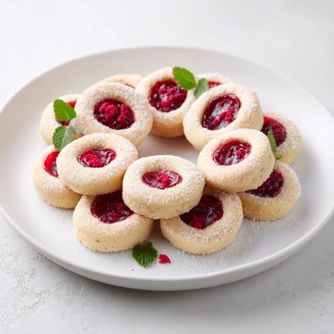 Sweet raspberry wreath cookie platter arranged with vibrant red jam and dusted with powdered sugar.