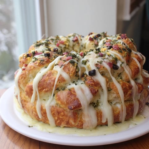 Golden-brown Savory Herb and Cheese Olive Wreath, fresh from the oven, ready to serve and share this holiday season.