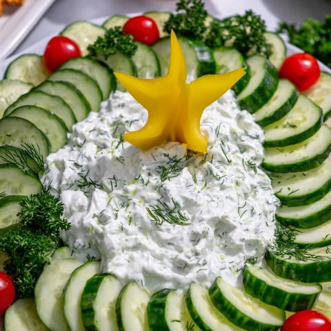 Festive cucumber and tomato tree dip platter with a creamy center and vibrant vegetable arrangement.
