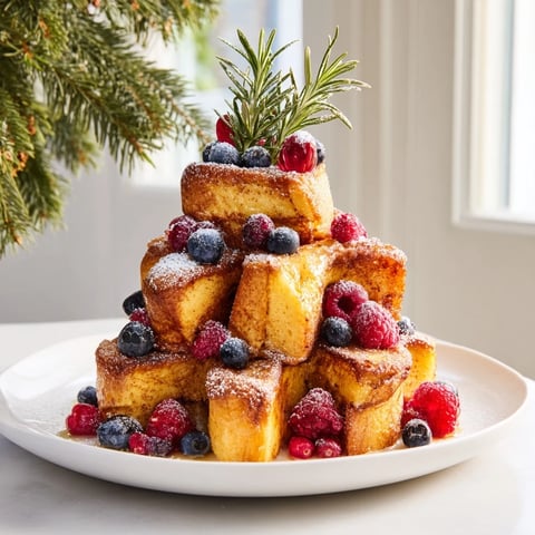 Golden-brown Eggnog French Toast Bites Tree, dusted with sugar and decorated with vibrant berries.